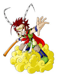  absurdres armor cape chinese_mythology clenched_teeth clouds earrings fangs gold_tiara highres holding holding_polearm holding_weapon jago_dibuja jewelry medium_sideburns monkey original polearm red_cape red_hair riding short_hair shoulder_armor sideburns simple_background sleeveless smile sun_wukong teeth tiara weapon white_background wristband yellow_cloud yellow_eyes 