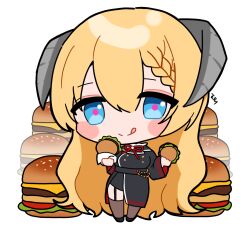  1girl :q akari_(blue_archive) black_dress black_shoes blonde_hair blue_archive blue_eyes blush_stickers braid brown_thighhighs bunnyjiry_(jirynyang) burger chibi chibi_only closed_mouth commentary double-parted_bangs dress english_commentary food full_body garter_straps grey_horns hair_between_eyes holding holding_burger holding_food horns long_hair long_sleeves looking_at_viewer neck_ribbon pink_pupils red_ribbon ribbon shoes simple_background smile solo standing thigh-highs tongue tongue_out very_long_hair white_background wide_sleeves 