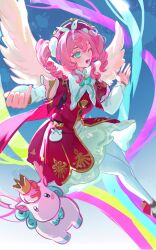  1girl absurdres aqua_eyes aqua_hair aqua_ribbon beret charm_(object) creature crown dress drill_hair hair_between_eyes hair_intakes hand_up hat highres honkai:_star_rail honkai_(series) hyacine_(honkai:_star_rail) jierenyu layered_sleeves little_ica_(honkai:_star_rail) long_hair long_sleeves looking_at_viewer lower_teeth_only mini_crown multicolored_hair neck_ribbon one_eye_closed open_mouth outstretched_arm pantyhose pink_hair puffy_long_sleeves puffy_sleeves rainbow red_dress red_hat ribbon smile solo teeth twin_drills two-tone_hair white_pantyhose white_sleeves white_wings wings yellow_pupils 