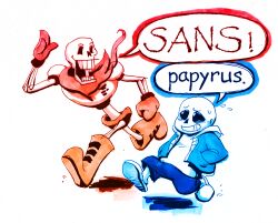  2016 2boys 2d animatrix1490 armor black_shirt black_shorts blue_jacket blue_shorts blue_theme boots brothers character_name colored_shadow comic_sans commentary duo english_commentary english_text eye_contact flying_sweatdrops full_body fur-trimmed_jacket fur_trim gloves grey_fur hands_in_pockets height_difference highres hollow_eyes humanoid jacket long_sleeves looking_at_another male male_focus male_only marker_(medium) monster monster_boy multiple_boys open_clothes open_jacket papyrus_(font) papyrus_(undertale) pen_(medium) red_boots red_gloves red_scarf red_theme running sans_(undertale) scarf shirt shorts siblings simple_background skeleton slippers speech_bubble sweat teeth text traditional_media undead undertale utdr_(toby_fox) white_armor white_background white_slippers 