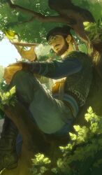  1boy absurdres arm_on_knee beard bird black_boots black_hair blue_headband blue_robe boots bowl brown_eyes chinese_clothes chinstrap_beard facial_hair gauntlets hair_bun headband highres holding holding_bowl hua_bucheng looking_at_animal male_focus mature_male mustache on_tree outdoors pants realistic robe short_hair sitting smirk soul_patch sunlight where_winds_meet white_pants yi_dao_(where_winds_meet) 