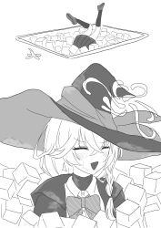  1girl absurdres accident banana_peel blue_archive blush bow bowtie braid closed_eyes collared_shirt commentary_request commission crossed_bangs eri_(blue_archive) greyscale hair_between_eyes halo hat highres hood hooded_jacket jacket kneehighs loafers long_hair mitsumoto_amata monochrome open_mouth pleated_skirt shirt shoes side_braid skeb_commission skirt socks v-shaped_eyebrows white_background witch_hat 