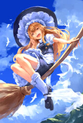  1girl 1naonline absurdres apron black_hat black_shoes black_skirt black_vest blonde_hair bow braid braided_sidelock broom broom_riding commentary day flying frilled_skirt frills full_body hair_bow hat highres kirisame_marisa long_hair looking_at_viewer mountainous_horizon open_mouth outdoors puffy_short_sleeves puffy_sleeves shirt shoes short_sleeves skirt sky socks solo teeth touhou upper_teeth_only vest white_apron white_shirt white_socks 