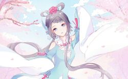  1girl aqua_dress aqua_ribbon bare_shoulders beads blue_eyes blue_sky bow-shaped_hair braid cherry_blossoms chinese_clothes chinese_commentary clothing_cutout clouds collar commentary_request cowboy_shot dancing day detached_collar dot_nose dress expressionless eyelashes eyeshadow falling_petals flower grey_hair hair_beads hair_flower hair_ornament hair_over_shoulder hair_ribbon hair_rings layered_sleeves long_hair long_sleeves looking_at_viewer luo_tianyi makeup mandarin_collar miqing open_mouth outdoors petals pink_eyeshadow pink_flower pink_rose pleated_skirt ribbon rose san_yue_yu_(vocaloid) shoulder_cutout single_braid skirt skirt_under_dress sky sleeves_past_fingers sleeves_past_wrists solo spring_(season) standing tassel tree very_long_hair vocaloid vsinger_(vocaloid) white_collar white_skirt white_sleeves wide_sleeves 