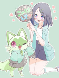  1girl absurdres black_hair black_shorts blue_eyes blue_hair blue_jacket blush collarbone colored_inner_hair commentary_request full_body green_background hair_ornament hairpin hand_fan heart heart_in_eye highres holding holding_fan jacket kneehighs kneeling liko_(pokemon) looking_at_animal medium_hair multicolored_hair one_eye_closed open_clothes open_jacket open_mouth outline petako_(ptpt_k) pokemon pokemon_(creature) shirt shorts sidelocks simple_background socks sprigatito swept_bangs symbol_in_eye violet_eyes wavy_mouth white_outline white_shirt white_socks 