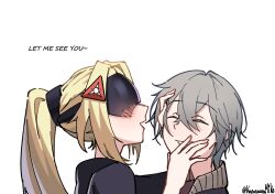  1boy 1girl blindfold_mask blonde_hair blush covered_eyes english_text eye_mask grey_hair hand_on_another's_face highres karasawa_miko long_hair mask ponytail smile trigger_(zenless_zone_zero) twitter_username white_background wise_(zenless_zone_zero) zenless_zone_zero 
