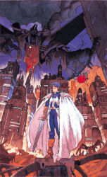  1980s_(style) 1boy alien armor belt blue_hair boots box_art brown_boots building cable cape city cityscape clouds commentary dark_falz debris drone dust dust_cloud english_commentary eusis_landale fantasy full_body giant giant_monster gloves headband headpiece highres holding holding_sword holding_weapon knight male_focus monster official_art painting_(medium) phantasy_star phantasy_star_ii production_art retro_artstyle ruins scan science_fiction signature solo spacecraft standing sword traditional_media weapon window yoneda_hitoshi 