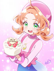  1girl ahoge akechi_anna artist_name beret birthday birthday_cake blouse blue_skirt cake character_name commentary double_bun english_text europa_715 food green_eyes hair_bun hair_intakes happy_birthday hat highres holding holding_cake holding_food jewelry light_particles long_sleeves looking_at_viewer medium_hair meitantei_precure! necklace open_mouth orange_hair pink_shirt precure purple_background purple_hat shirt signature skirt smile solo sparkle standing translated 