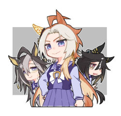  3girls ahoge animal_ears beer_hsk black_hair blue_eyes bow bowtie brown_eyes brown_hair closed_mouth dream_journey_(umamusume) ear_covers ear_ornament eyewear_strap glasses hair_between_eyes horse_ears horse_girl horse_tail long_hair long_sleeves looking_at_viewer multicolored_hair multiple_girls open_mouth orange_hair orfevre_(umamusume) pleated_skirt purple_sailor_collar purple_serafuku purple_shirt purple_skirt sailor_collar sailor_shirt school_uniform serafuku shirt single_ear_cover skirt smile stay_gold_(umamusume) streaked_hair tail tracen_school_uniform two-tone_hair umamusume violet_eyes white_bow white_bowtie white_hair 