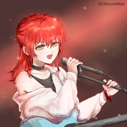  1girl black_choker black_tank_top bocchi_the_rock! choker commentary_request electric_guitar green_eyes guitar highres instrument kita_ikuyo long_hair microphone_stand music obscuremisty open_mouth red_hair shirt singing smile solo tank_top twitter_username upper_body white_shirt 