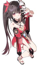  1girl bare_shoulders bell black_choker black_gloves brown_hair butterfly-shaped_pupils choker circle_facial_mark criss-cross_halter diamond_(shape) diamond_facial_mark dodosaae dress facial_mark flower_tattoo fox_mask gloves halterneck heart heart_facial_mark highres honkai:_star_rail honkai_(series) long_hair looking_at_viewer mark_under_both_eyes mask mask_on_head neck_bell pink_eyes red_dress red_sleeves simple_background smile solo sparkle_(honkai:_star_rail) squatting symbol-shaped_pupils tattoo thighs twintails v v_over_eye very_long_hair white_background 