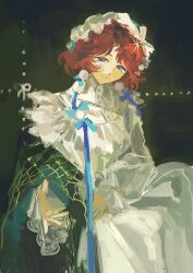  1girl absurdres black_background blue_eyes blue_shawl chinese_commentary closed_mouth commentary_request dress hat highres long_dress lostack marsha_(reverse:1999) mole mole_under_eye official_alternate_costume outstretched_hand red_hair reverse:1999 shawl short_hair smile solo upper_body white_dress witch_hat 