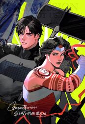  1boy 1girl absolute_batman absolute_dc absolute_wonder_woman amazon_warrior arm_wrap axe back_spikes batman batman_(absolute_dc) batman_(series) batman_symbol battle_axe black_cape blue_eyes bodysuit bruce_wayne cape commission dc_comics diana_prince grey_bodysuit highres lifting_object multicolored_bodysuit red_eyes red_tattoo rwheel0333 superhero_costume tattoo tattoo_sleeve taut_bodysuit two-tone_bodysuit weapon wonder_woman wonder_woman_(absolute_dc) 