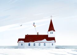  1boy 66_(roro) balloon beanie bird church commentary cross cup hat highres holding holding_balloon hood hoodie male_focus mug on_roof outdoors pink_hair scarf sitting sitting_on_roof snow solo steam untranslatable_commentary vocaloid vy2 whitestains 