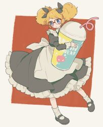  1girl aikatsu! aikatsu!_(series) apron black_dress black_shoes blonde_hair blue_eyes bow commentary_request cup disposable_cup dress frilled_dress frills full_body glasses hair_bow highres holding holding_cup juliet_sleeves long_hair long_sleeves maid maid_apron mrokr oversized_object puffy_sleeves red_background saegusa_kii shoes socks solo standing twintails white_apron white_socks 
