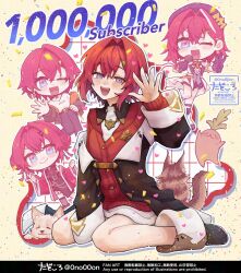  0no00on 1girl :d ange_katrina ange_katrina_(1st_costume) ange_katrina_(casual) ange_katrina_(china_dress) ankle_boots black_coat blue_eyes blush boots brown_cat cardigan cat chibi closed_mouth coat collared_dress commentary_request crossed_bangs dog dress grid_background hair_between_eyes hair_intakes hair_ornament hand_on_own_hip hand_up highres holding holding_microphone looking_at_viewer mandragora_(ange_katrina) medium_hair microphone milestone_celebration multicolored_eyes multiple_views nijisanji off_shoulder one_eye_closed open_mouth outline red_cardigan red_hair sanbaka_anniversary_outfit short_dress sitting sleeves_past_wrists smile triangle_hair_ornament twitter_username two-tone_eyes v-shaped_eyebrows violet_eyes virtual_youtuber wariza waving white_boots white_dress white_outline yellow_background 