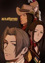  2boys 2girls ace_attorney album_cover_redraw amikoiiko angel_starr ascot bandana beard_stubble black_dress black_eyes black_hair blonde_hair blue_eyes breast_pocket brown_background brown_hair brown_jacket choker closed_mouth coat collarbone copyright_name cowboy cowboy_hat derivative_work dress earrings english_text epaulettes facial_hair food food-themed_hat_ornament food_art formal_clothes fur-trimmed_coat fur_trim goatee_stubble green_eyes grey_eyes grey_hair hair_over_one_eye hat hat_ornament highres hoop_earrings jacket jake_marshall jewelry lana_skye lapels long_hair looking_at_viewer medal miles_edgeworth military_dress_uniform military_uniform mismatched_eyebrows multiple_boys multiple_girls notched_lapels onigiri phoenix_wright:_ace_attorney pink_hat pink_lips pocket portrait red_jacket red_scarf scarf short_hair simple_background square_hat stubble suit_jacket tako-san_wiener the_stooges white_ascot white_coat 