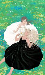  2girls absurdres barefoot black_dress black_horns blonde_hair blue_flower breasts brown_hair closed_eyes collarbone commentary_request dress feet_out_of_frame field flower flower_field grass highres holding holding_flower horns kasabuta_nokuni long_hair looking_at_another lying multiple_girls nail_polish on_back open_hand orange_flower original parted_bangs red_eyes sitting small_breasts strapless strapless_dress white_dress yellow_flower yuri 