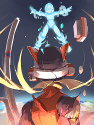  2boys absurdres armor blonde_hair blue_armor blue_helmet earth_(planet) forehead_jewel helmet highres long_hair mega_man_(series) mega_man_zero_(series) multiple_boys omochi_(mochi_skymega) planet red_armor red_helmet solo_focus space x_(mega_man) zero(z)_(mega_man) zero_(mega_man) 