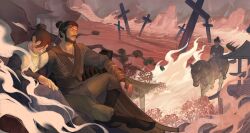  2boys absurdres arm_on_knee beard black_boots black_eyes black_hair black_robe blue_robe boots brown_horse brown_pants character_request chinese_clothes chinese_commentary chinstrap_beard closed_mouth commentary_request cross faceless faceless_male facial_hair fire flower gauntlets hair_bun hand_wraps highres horseback_riding house hua_bucheng male_focus mature_male multiple_boys multiple_views mustache on_roof open_mouth outdoors pants parted_bangs riding robe short_hair sitting smile smoke soul_patch spider_lily where_winds_meet yi_dao_(where_winds_meet) 