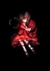  1girl 1other baixiang1234567 black_background brown_hair brown_shoes closed_eyes closed_mouth command_spell commentary_request dress fate/strange_fake fate_(series) glowing glowing_tattoo hair_ornament hairclip highres kuruoka_tsubaki pale_rider_(fate) profile puffy_short_sleeves puffy_sleeves red_dress shoes short_hair short_sleeves simple_background tattoo tears 