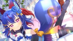  1girl animal_ears bare_shoulders black_gloves black_thighhighs blue_flower blue_hair breasts closed_mouth commentary_request commission detached_sleeves fang fang_out flower gloves hair_flower hair_ornament indie_virtual_youtuber kou_hiyoyo looking_at_viewer lying medium_breasts medium_hair miniskirt multicolored_hair no_shoes on_stomach partially_fingerless_gloves pink_eyes pleated_skirt red_hair ruka_erika skeb_commission skirt soles solo streaked_hair tail thigh-highs toes torn_clothes torn_thighhighs two-tone_hair virtual_youtuber white_skirt white_sleeves x_hair_ornament 