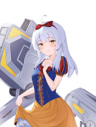  1girl absurdres aged_down ahoge alternate_costume blue_dress blush bow bow_hairband center-flap_bangs cosplay cowboy_shot dress from_side goddess_of_victory:_nikke hair_bow hair_ornament hairband highres holding_own_dress layered_dress lendivere looking_at_viewer mecha_musume medium_hair multicolored_dress petticoat puffy_short_sleeves puffy_sleeves red_bow red_dress short_sleeves sidelocks signature simple_background skirt_under_dress smile snow_white_(disney) snow_white_(disney)_(cosplay) snow_white_(innocent_days)_(nikke) snow_white_(nikke) solo standing weapon white_background white_hair yellow_dress yellow_eyes 