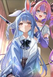  :d animal_ears arm_warmers black_bow black_bowtie blue_eyes blue_hair blue_jacket bow bowtie braid center_frills clothing_cutout collared_shirt commentary_request cropped_shirt day frills hair_bow highres holding_another's_hair hololive hololive_dev_is indoors jacket kikirara_vivi kikirara_vivi_(1st_costume) long_hair miniskirt multicolored_hair orange_eyes pink_hair plaid_clothes plaid_skirt purple_arm_warmers rabbit-shaped_pupils rabbit_ears rabbit_girl sa-ya2 shirt shirt_tucked_in short_eyebrows shoulder_cutout side_braids single_off_shoulder sitting skirt smile star-shaped_pupils star_(symbol) symbol-shaped_pupils thick_eyebrows two-tone_hair two_side_up tying_another's_hair usada_pekora very_long_hair virtual_youtuber white_hair white_shirt 