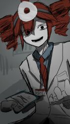  1girl absurdres blue_shirt check_copyright coat copyright_request doctor drill_hair evil_smile eyes_visible_through_hair grey_background hair_between_eyes head_mirror highres igaku_(utau) jealousytarou kasane_teto lab_coat looking_at_viewer name_tag necktie reaching reaching_towards_viewer red_necktie shaded_face shirt smile solid_eyes solo teeth twin_drills utau white_coat 