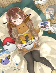  1girl animal_on_lap black_pantyhose blush braid brown_eyes brown_hair brown_sweater commentary_request cynthia_(pokemon) eevee espeon flareon from_above hair_ornament hairclip highres indoors jolteon lying magazine_(object) mareep on_back on_lap pantyhose parallel_hairclips pillow poke_ball pokemon pokemon_(creature) reading sanami_(mmommmnn) snorlax sweater twin_braids ultra_ball vaporeon wooden_floor 