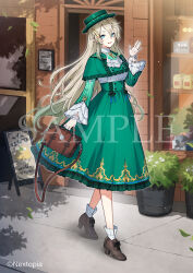  1girl bag blue_eyes boater_hat bobby_socks brown_bag brown_hair brown_shoes butterfly_hair_ornament capelet commentary_request copyright_notice frilled_sleeves frills full_body gloves green_capelet green_hat green_shrug green_skirt hair_ornament handbag hat high-waist_skirt lace lace_gloves long_hair long_skirt looking_at_viewer mihako_tarta nextopia official_art open_hand open_mouth outdoors road sample_watermark shinishi_chiho shirt shoes shrug_(clothing) skirt socks solo street underbust virtual_youtuber walking watermark white_gloves white_shirt white_socks 