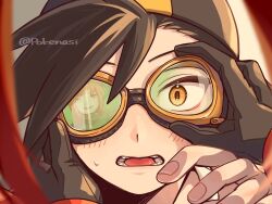  2boys artist_name brown_gloves brown_hair ethan_(pokemon) gloves goggles hand_on_another's_cheek hand_on_another's_eyewear hand_on_another's_face highres looking_at_another looking_at_viewer male_focus multiple_boys open_mouth pokemon pokemon_adventures pokenasi pov red_hair silver_(pokemon) smile sweat teeth tongue yellow_eyes 