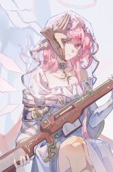  1girl absurdres ambience_synesthesia arknights bare_shoulders chinese_commentary commentary_request detached_wings disembodied_hand dress gold_collar gun halo highres holding holding_weapon lemuen_(arknights) lemuen_(requiem_vesperis)_(arknights) long_hair long_sleeves looking_at_viewer mark_under_eye official_alternate_costume parted_lips pink_eyes pink_hair rifle see-through_clothes see-through_veil sitting solo star_pendant traditional_halo veil weapon white_dress white_halo white_veil wings yizhixiaopomao 