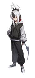  1girl absurdres alternate_costume black_choker black_hair black_hoodie black_horns black_shoes blue_archive bright_pupils choker closed_mouth collarbone commentary demon_horns demon_wings earclip full_body grey_halo hair_between_eyes halo hand_in_pocket highres hood hoodie horns kayoko_(blue_archive) long_hair long_sleeves looking_at_viewer low_wings mole mole_on_collarbone multicolored_hair red_eyes rifu002 shoes simple_background single_wing solo standing two-tone_hair white_background white_hair white_pupils wings 