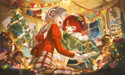  2girls :d ^_^ bell candy candy_cane chinese_commentary christmas christmas_star christmas_tree closed_eyes commentary_request earmuffs food green_shirt grey_hair hat hekouziran highres indoors juliet_sleeves long_sleeves marsha_(reverse:1999) multiple_girls one_eye_closed photo_(object) plaid_clothes plaid_skirt puffy_sleeves red_hair red_hat red_sweater reverse:1999 santa_hat sentinel_(reverse:1999) shirt sitting skirt smile string_of_flags sweater watermark weibo_watermark white_sweater window 
