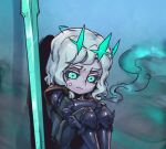  1boy armor armored_boots black_armor black_sclera boots colored_sclera crossed_arms crown gauntlets green_background green_eyes grey_background grey_hair knees_up league_of_legends medium_hair phantom_ix_row sad sitting solo sword tears viego_(league_of_legends) weapon 