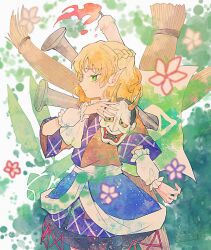  1girl arm_warmers blonde_hair brown_shirt candle closed_mouth commentary_request green_eyes hannya highres holding holding_mask itomugi-kun mask medium_hair mizuhashi_parsee nail_(hardware) noh_mask oversized_object pointy_ears purple_skirt scarf shirt skirt solo straw_doll touhou white_scarf 