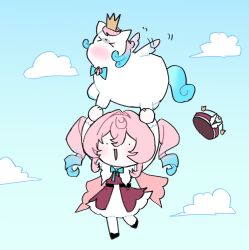  >_< 1girl aqua_hair aqua_ribbon arms_up beret black_eyes chibi chibi_only clouds commentary creature crown dress drill_hair flat_color flying full_body galchi_i hair_between_eyes hair_intakes hat highres honkai:_star_rail honkai_(series) hyacine_(honkai:_star_rail) little_ica_(honkai:_star_rail) long_hair mini_crown multicolored_hair neck_ribbon open_mouth pantyhose pink_hair red_dress red_hat ribbon sky smile solo twin_drills two-tone_hair unworn_hat unworn_headwear white_pantyhose white_sleeves 