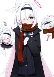  >_< 1girl :< absurdres beanie black_coat black_hairband black_serafuku blue_archive bow braid coat colored_inner_hair commentary english_commentary grey_eyes hair_bow hairband halo hat highres long_hair looking_at_viewer multicolored_hair multiple_views neckerchief one_eye_covered open_clothes open_coat pantyhose plaid_clothes plaid_scarf plana_(blue_archive) pleated_skirt red_halo scarf school_uniform serafuku single_braid skirt sleeves_past_wrists watakaze white_background white_hair white_neckerchief 