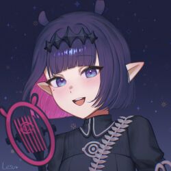  1girl absurdres black_hairband blue_eyes blunt_bangs colored_inner_hair diamond_hairband hairband highres hololive hololive_english lesu looking_at_viewer microphone microphone_stand mole mole_under_eye multicolored_hair ninomae_ina'nis ninomae_ina'nis_(drawn_to_dawn) official_alternate_costume official_alternate_hairstyle open_mouth pink_hair purple_hair solo tentacle_hair virtual_youtuber 