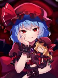  1girl alternate_color ascot back_bow bat_wings black_shirt black_skirt blue_hair bow brooch censored character_doll closed_mouth commentary_request commission doll fang fang_out flandre_scarlet hand_on_own_cheek hand_on_own_face hat hat_ribbon highres jewelry looking_at_viewer makida_16 medium_hair mob_cap mosaic_censoring puffy_short_sleeves puffy_sleeves red_ascot red_bow red_eyes red_hat remilia_scarlet remilia_scarlet_(tiny_devil_mistress) ribbon shirt short_sleeves skeb_commission skirt sleeve_bow smile solo touhou touhou_lostword wings wrist_cuffs 