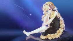 animal_ears arpiel barefoot black_dress blonde_hair braid breasts bunnyjiry_(jirynyang) cecil_(arpiel) character_request commission dress glasses heterochromia highres horns long_hair non-web_source sheep_ears sheep_girl sheep_horns single_braid space star_(sky) very_long_hair 