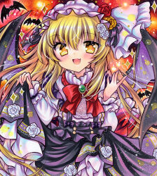  1girl bat_(animal) bat_wings black_skirt blonde_hair blush bow bowtie brooch commentary_request fang flower frilled_hairband frills hair_flower hair_ornament hairband holding_own_skirt jewelry kurumi_(touhou) lolita_hairband long_hair long_sleeves looking_at_viewer marker_(medium) open_mouth orange_flower orange_rose red_bow red_bowtie red_flower red_rose rose rui_(sugar3) shirt skin_fang skirt smile solo suspender_skirt suspenders touhou touhou_(pc-98) traditional_media white_flower white_hairband white_rose white_shirt wings yellow_eyes 