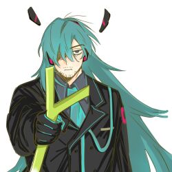  1boy beard_stubble black_jacket closed_mouth collared_shirt commentary_request facial_hair food genderswap genderswap_(ftm) green_hair grey_eyes grey_shirt hair_over_one_eye hatsune_miku highres holding holding_food holding_spring_onion holding_vegetable jacket jitome kuriyam84993627 lapels long_hair male_focus miku-oji necktie notched_lapels one_eye_covered outstretched_arm shirt simple_background solo spring_onion stubble upper_body vegetable very_long_hair vocaloid white_background wing_collar 