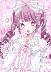  1girl :d blush bow chibana_sora clover-shaped_pupils collar collared_dress commentary dot_nose dress drill_hair dutch_angle facing_viewer fingernails flat_chest flower food food-themed_hair_ornament frilled_collar frilled_dress frilled_sleeves frills fruit hair_bow hair_flower hair_ornament hands_up head_bow heart heart_hair_ornament heart_print highres jewelry long_sleeves looking_at_viewer multicolored_hair necklace open_mouth original pearl_necklace pink_background pink_bow pink_dress pink_eyes pink_flower pink_hair ribbon sidelocks smile solo spread_fingers strawberry strawberry_hair_ornament streaked_hair symbol-shaped_pupils translation_request twin_drills untranslatable_commentary upper_body white_collar white_ribbon x_hair_ornament 