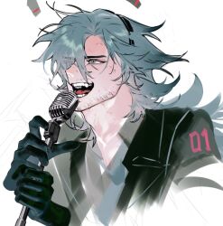  1boy backgom05 beard_stubble black_gloves black_jacket commentary facial_hair genderswap genderswap_(ftm) gloves green_eyes hair_over_one_eye hatsune_miku holding holding_microphone_stand jacket lapels long_hair male_focus microphone microphone_stand miku-oji notched_lapels one_eye_covered open_mouth parted_bangs solo stubble teeth tongue unfinished untranslatable_commentary vocaloid white_background 