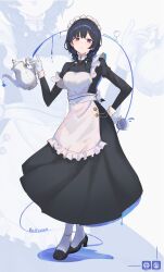  1girl absurdres alternate_costume apron black_dress black_hair braid commentary_request cup dress earclip earrings enmaided full_body gloves hand_on_own_hip high_heels highres holding holding_teapot ichinose_uruha jewelry juliet_sleeves long_dress long_sleeves maid maid_apron maid_headdress multicolored_hair puffy_sleeves simuyutou small_horns solo strap_slip streaked_hair sweatdrop teacup teapot twin_braids violet_eyes virtual_youtuber vspo! white_gloves wrist_cuffs zoom_layer 