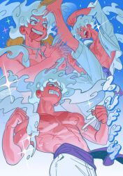  1boy alternate_form bombyoon clenched_hands clenched_teeth commentary gear_fifth gradient_background hagoromo hat highres male_focus monkey_d._luffy multiple_views one_piece pink_eyes purple_sash sash scar scar_on_chest scar_on_face shawl shirt smile sparkle straw_hat teeth thick_eyebrows tongue tongue_out topless_male white_hair white_shirt 