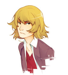  1boy black_eyes blonde_hair brown_jacket closed_mouth collared_shirt commentary cropped_torso english_commentary jacket kakine_teitoku male_focus medium_hair nose open_clothes open_jacket open_shirt red_sweater shirt simple_background solo sweater toaru_majutsu_no_index upper_body v-neck v-shaped_eyebrows vilatile white_background white_shirt 