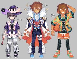  3boys absurdres alternate_costume alternate_eye_color alternate_hair_color alternate_hairstyle alternate_universe antenna_hair arm_behind_head arm_up ball basketball_(object) black_eyes black_hair black_pants blue_shoes blush bracelet bright_pupils brothers brown_eyes brown_hair character_name closed_mouth dark-skinned_male dark_skin double-parted_bangs ear_piercing expressionless grey_background grin hair_between_eyes hat hero_(faraway)_(omori) hero_(omori) highres holding holding_ball holding_wand jewelry kel_(faraway)_(omori) kel_(omori) long_sleeves looking_at_viewer male_focus multiple_boys omori open_mouth orange_shoes orange_shorts pants piercing purple_hat remi_(mozzaremi) shoes short_hair short_sleeves shorts siblings simple_background smile sneakers striped_clothes striped_pants sunny_(omori) teeth two-tone_pants vertical-striped_clothes vertical-striped_pants wand white_pants white_pupils wizard_hat 